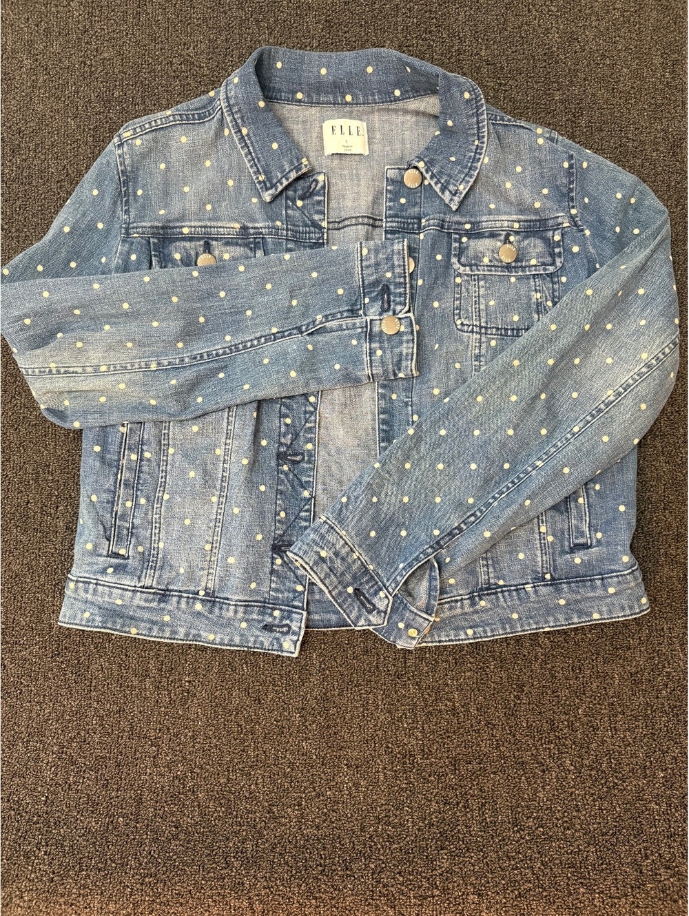Elle Women's Polka Dot Denim Jacket Size Large Cotton Blue